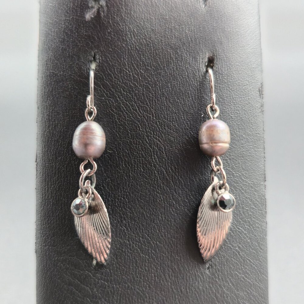 Dark Tone Genuine Pearl And Crystal Dangle Earrings A6481